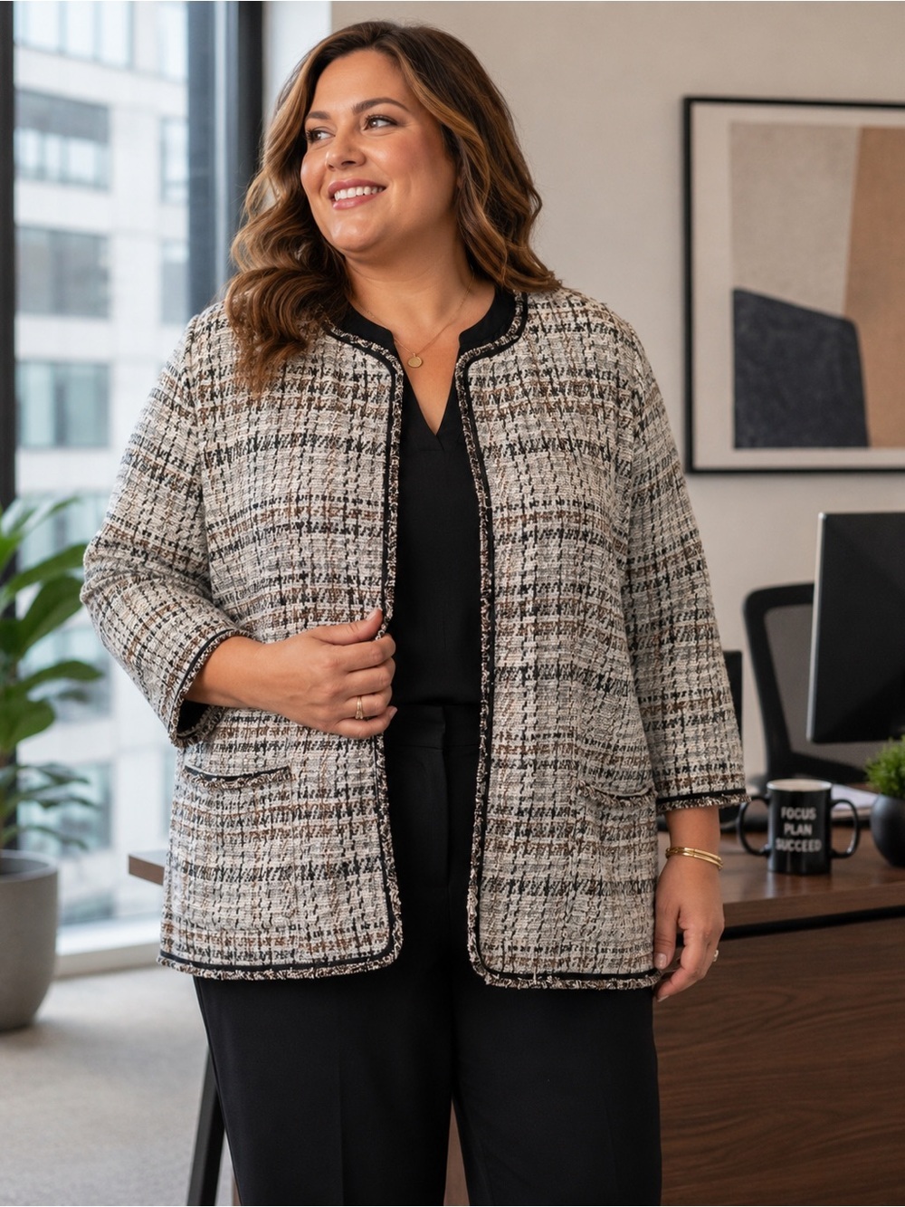 NWT women’s workwear tweed open cardigan, Sz 2X with 3/4 length sleeves.